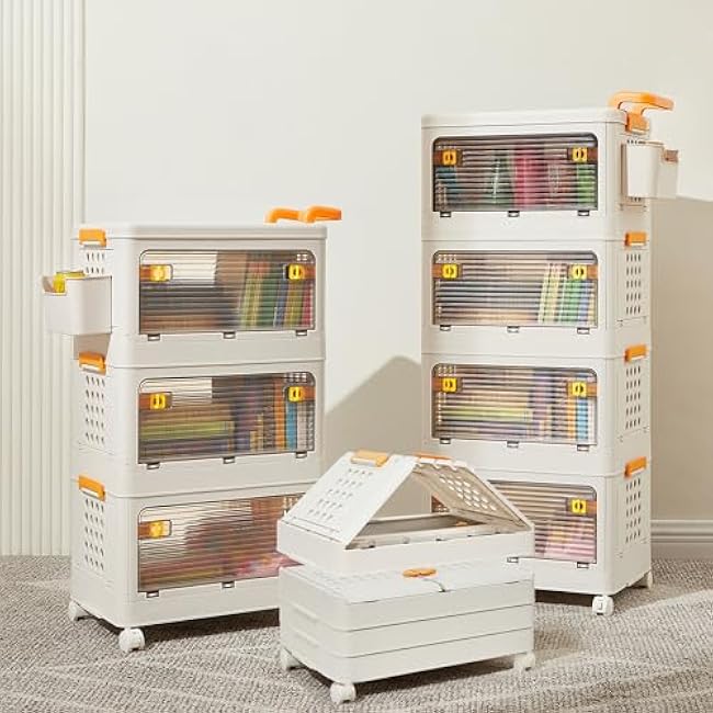 44 Qt Foldable Stackable Heavy Duty Storage Bins with Lids & Doors, 3 Tier Storage Organizer Bin