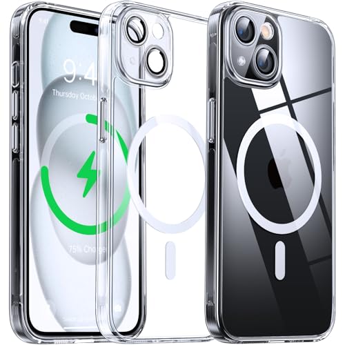 Funda Magnética Transparente para iPhone 15 [con Protector de Lente de Cámara] [Anti-Amarillo] A Prueba de Golpes, Resistente Arañazos, Silicona Bumper PC Back, 6,1″, Transparente