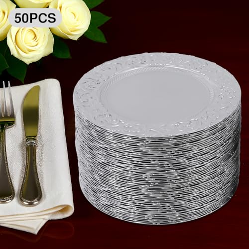 Set de 50 Platos Cargadores Redondos Plateados 13 pulgadas miniatura 2
