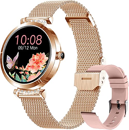 MIRUX Geschenk Watch 1,09 Zoll Touch Smartwatch BT Anruf Fitness Tracker Schrittzähler Blutdruckmessung wasserdicht für Damen (Gold/Pink) Cover