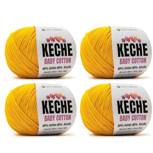 Image of Keche Cotton Yarn, 60% Cotton 40% Acrylic Yarn, Soft Cotton Yarn for Crochet and Knitting, Amigurumi Yarn 4 Skeins /Balls [1.76 Oz (50g) / 180 Yrds (165m)] x 4 - Yellow