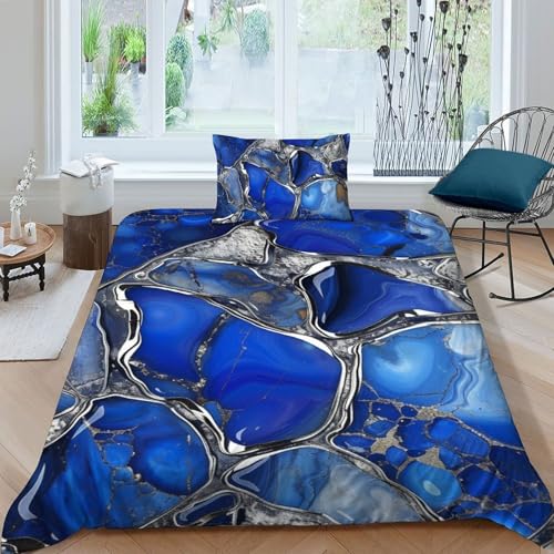 Housse de couette marbre 2 pièces bleu argent 135x200 avec fermeture éclair