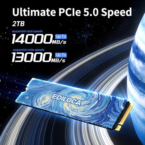 Image of Ediloca SSD 2TB NVMe PCIe 5.0x4, Up to 14,000MB /s Read, 13,000MB /s Write, 2TB SSD with 2GB LPDDR4 DRAM & Dynamic SLC Cache, M.2 2280 3D TLC NAND for Gaming /Video Editing /PC /Laptop (EN1400 Max)