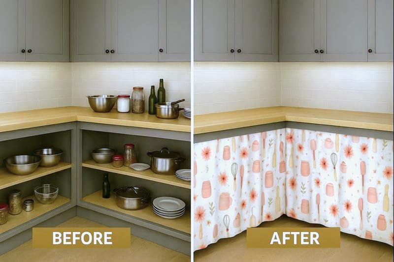 Image of Premium Printed Kitchen Sink Curtain with Rod Pocket | Under Sink Storage Cover | Washable Dustproof Cabinet Curtain for Kitchen Counter, Wash Basin (Pink Flower, Pack of 2)