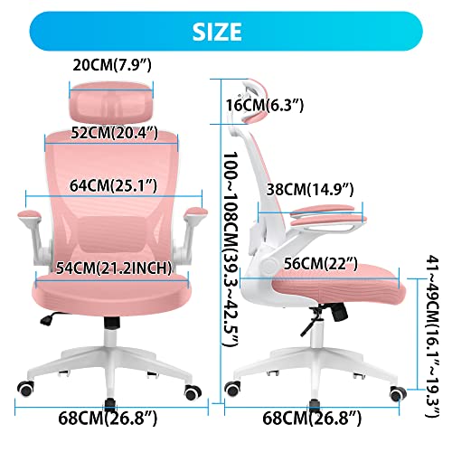 Kerdom Ergonomic Office Chair, Breathable Mesh Desk Chair, Lumbar Support Computer Chair With Headrest And Flip-Up Arms, Swivel Task Chair, Adjustable Height Gaming Chair, Pink #TOP1