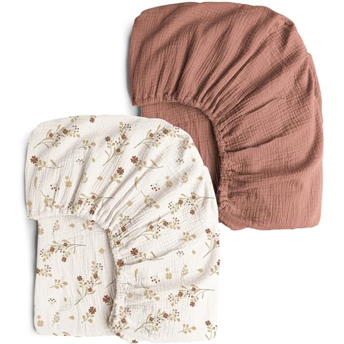 Image of Konssy Muslin Crib Sheets 2 PCS 100% Cotton Baby Crib Sheets for Standard Crib Mattress (28"x 52"), Soft and Breathable for Boys, Girls (Chestnut, Posy)