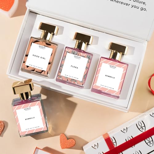 Image of Arabian Aroma Luxury Perfume Gift Set For Women | Premium Long Lasting Perfumes for Womens And Girl | Eau De Parfum | Perfume Set For Womens | Gift Pack | Flora, Good Girl & Bombelle(30ml)