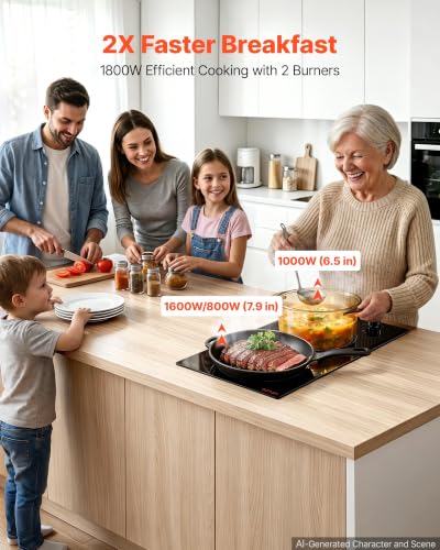 Image of VEVOR Electric Cooktop 12in 2 Burners Portable Stove Top 1800W 120V Plug In, Ceramic Countertop /Built-in Radiant Electric Stove, with 11 Power Levels, Over-Heat Guard, Knob Control