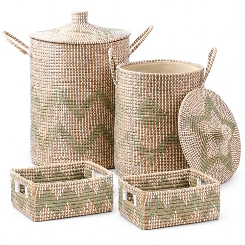 Seagrass Laundry Hamper Set with Lids, 4-Piece Handwoven Wicker Storage Baskets with Washable Liners, Includes 2 Large Hampers and 2 Shelf Bins for Bedroom Bathroom Laundry Room