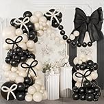 Black White Balloon Arch Kit, 114pcs Sand White Black Bow Balloon Garland with Beige Dark Long Balloons, Coquette Party Supplies for Birthday, Baby Shower, Wedding, Graduation, Bachelorette Party