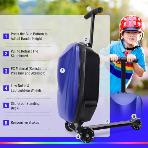20" Scooter Suitcase for Kids, 2-in-1 Ride On Luggage with Wheels for Boys & Girls Ages 4-15, Foldable Hardshell Carry On Lightweight Travel Suitcase for Airplane