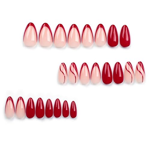Miniatura 2 de BAOYAALIN - Uñas postizas a presión rojas con diseño de almendra, uñas postizas francesas con diseño de remolino, uñas postizas acrílicas de