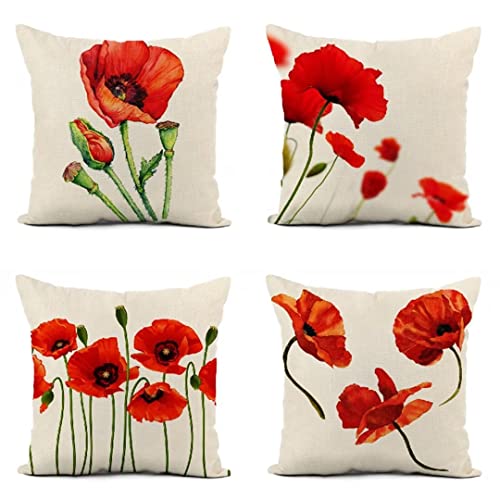 Lot de 4 Housse de Coussin 40x40 cm Coquelicots Rouges Housse Coussin Canapé Double Face Housse Coussin en Lin Taie d'oreiller Housses de Coussin pour...
