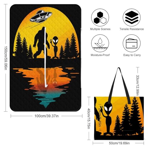 UFO Alien and Bigfoot Moon 1 Picnic Blankets,Portable Waterproof Foldable Picnic Mat,Sandproof Outdoor Mat for Park Picnic Blanket Accessories for Adults
