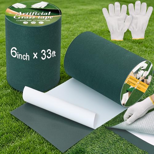 2 Rolls 6 Inch x 33ft (Each) Turf Tape for Artificial Grass Self-Adhesive 6 Inch Turf Rug Seam Tape Fake Grass Carpet Jointing Synthetic Lawn Connecting with Gloves for Outdoor Football Mat Sports