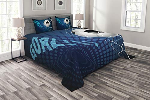Ambesonne Soccer Bedspread, Goal Football Flying into Net Abstract Dots Pattern Background European Sport, Decorative Quilted 3 Piece Coverlet Set with 2 Pillow Shams, Queen Size, Blue Black