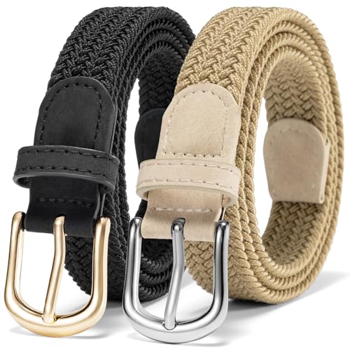 Alphyly Neries 2 Pack Braided Belt Women Gold Silver Buckle, Black & Khaki