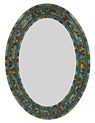 Zorigs, Espejo de pared decorativo hecho a mano, 32 x 24 pulgadas, espejo de pared ovalado de turquesa, verde, marrón, amarillo e índigo, decoración de piezas de vidrio reflectante, pieza de pared