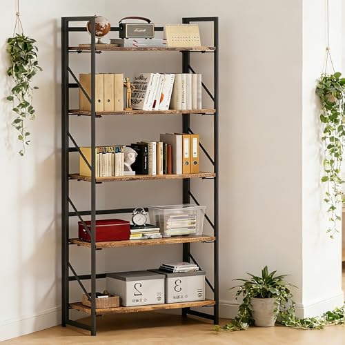 Image of JSB No Assembly Folding Bookshelf, 5 Tier Industrial Metal Book Shelf for Storage, Vintage Wood Foldable Bookcase for Living Room, Bedroom, Office Organization Shelves