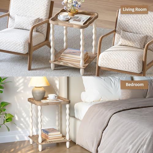 karlott End Table, 2-Tier Farmhouse Side Table, 18.9'' Handcrafted Weathered Wooden Nightstand, Pine Leg, Square Arc Small End Tables for Living Room, Small Space, Bedroom, Boho, Easy Assembly, Beige by karlott - Used condition - Image 5