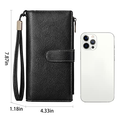 Image of GOIACII Large Wallet for Women Leather Wristlet Black | RFID Blocking, Multi-card Slots, Detachable Wrist Strap, Trifold Clutch Purse