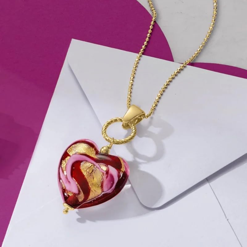 Red Murano Glass Heart Necklace for Women, 18K Gold Plated 925 Sterling Silver Adjustable Chain, Dainty Valentine Christmas Birthday Gift for Her