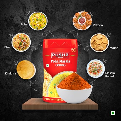 Image of Pushp Poha Masala 100 g | Pack of 5 | Perfect Poha Seasoning Sprinkler | Authentic Indori Flavor for chat, fruits & raita | No Extra Spices Needed | Breakfast & Snacks |