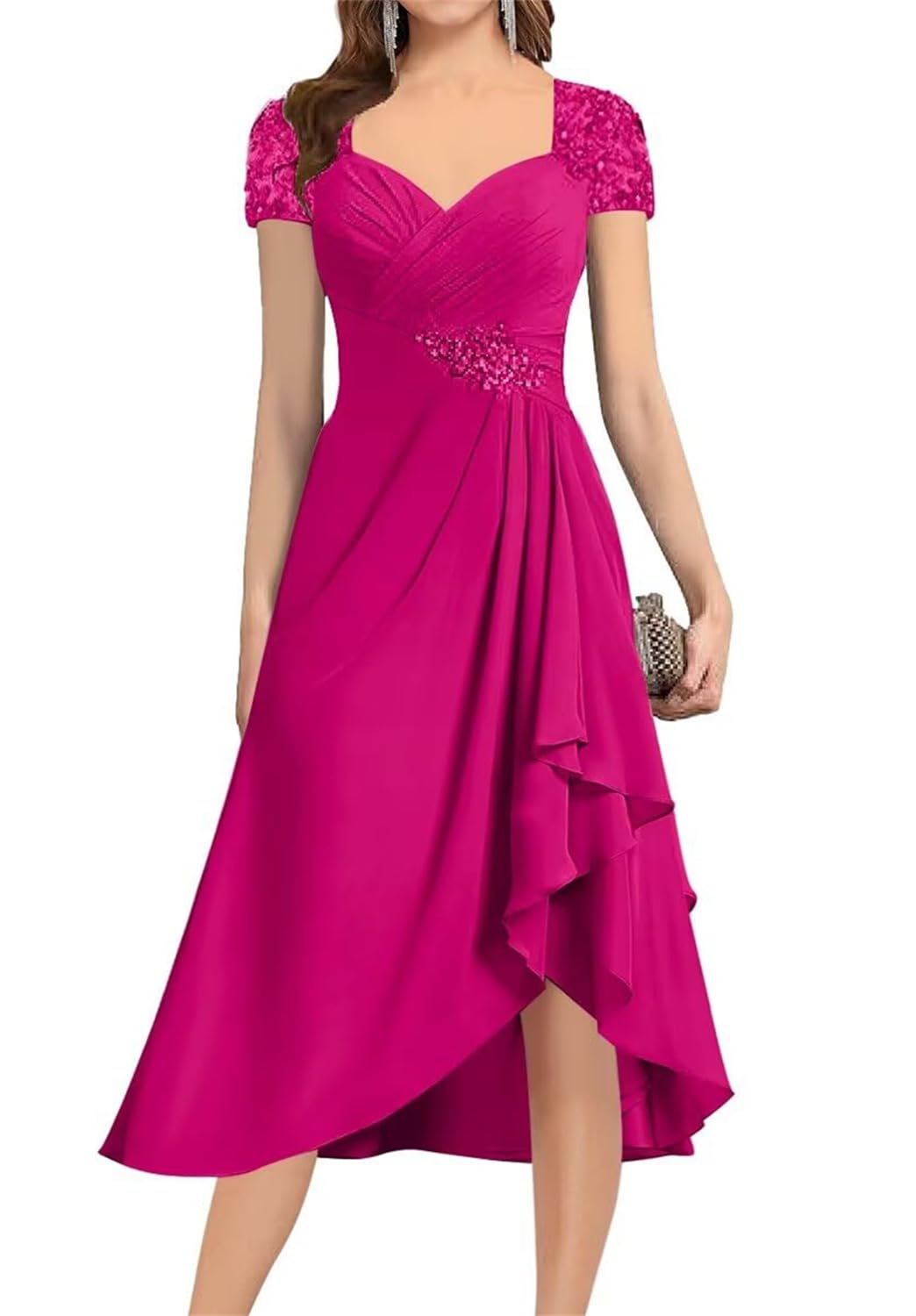 Yiann Women's Fuchsia Tea Length Mother For The Bride Dresses For With Sleeves Wedding Guest Dress Formal Gown Uk18