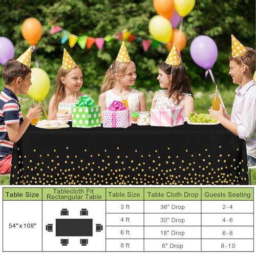 Image of Smiry Disposable Table Cloth - 10 Pack, 54 x 108 Inch Waterproof Rectangle Tablecloths for Parties, Decorative Plastic Table Cover, Leakproof & Sturdy, Black & Gold