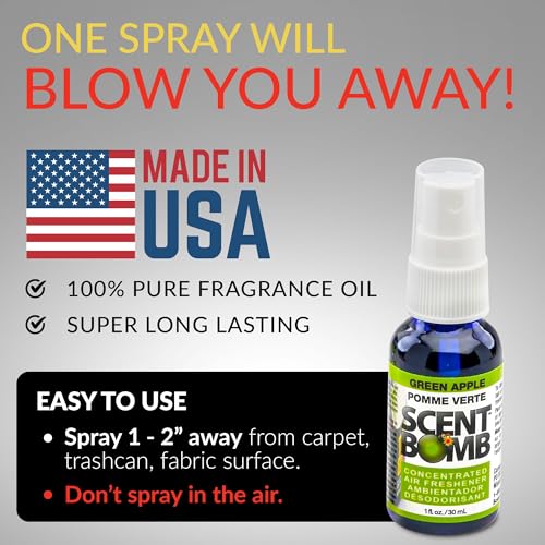 Image of Scent Bomb Air Freshener Spray, Long-Lasting Odor Eliminator - Effective Deodorizer for Home & Car, Fresh Room Spray for Kitchen, Bathroom & Smell Neutralizer - 1 oz Pack of 4, Green Apple Scent