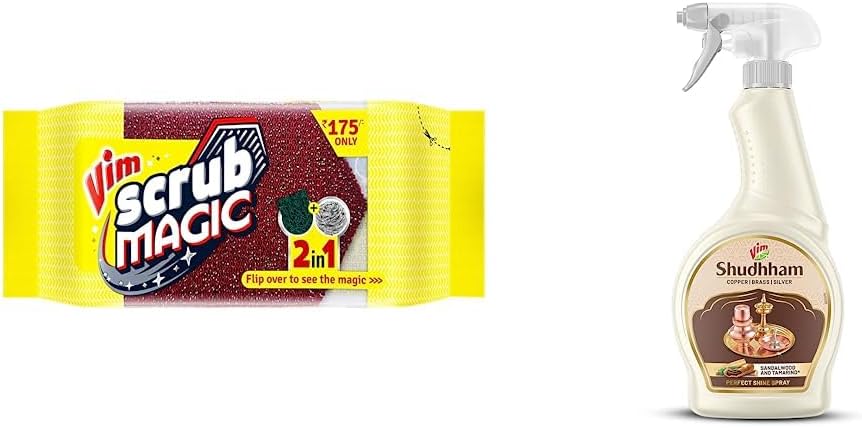 Vim Scrub Magic Pack of 5 & Vim Shudhham Spray for Copper, Brass, Silver, 450ml