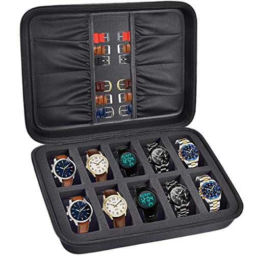 Watch Box Organizer Case, 10 Slots Men Women Display Holder Storage Stand Roll for All Wristwatches, Digital Sports, Smartwatches 42mm, Accessories Pocket for Watch Bands, Cufflink, Jewelry (Bag Only)