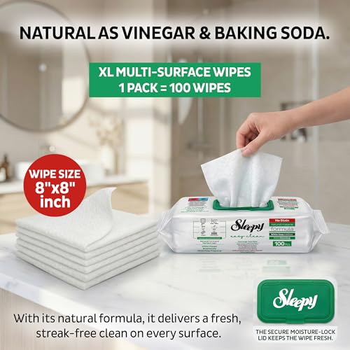 Image of Sleepy Easy Clean XL Multi Surface Cleaning Wipes (600 Count) - Natural Vinegar & Baking Soda Formula - Jumbo 8 inchx8 inch All Purpose Wet Wipes for Kitchen, Bathroom, Glass & Electronics - No Streak