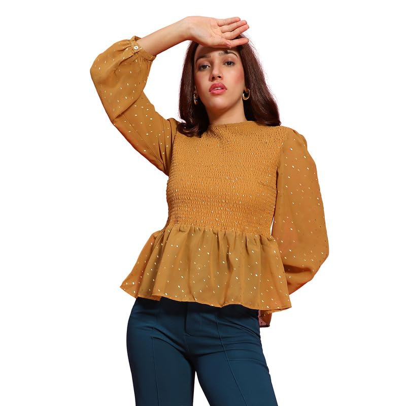 Image of oxolloxo Women Round Neck Long Sleeve Smocked Peplum Top