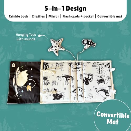Image of 5-in-1 Baby Tummy Time Crinkle Book & Convertible High-Contrast Mat with Rattles & Mirror | Sensory Book for Newborns & Infants (0-1 Year) | Cloth Book for Tummy Time & Early Development