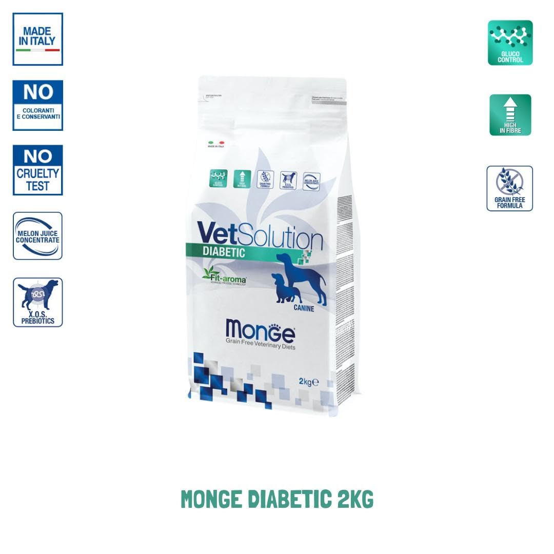 Monge Vetsolution Diabetic Cane All Breeds 2kg, alimento completo per cani di tutte le taglie con diabete,2kg.
