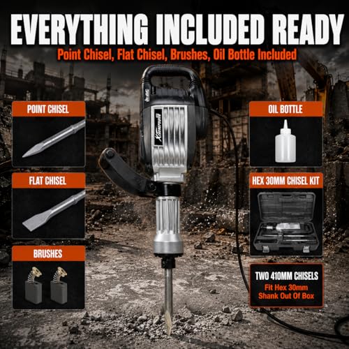 Image of XtremepowerUS 3600W Demolition Jack Hammer Concrete Breaker, 15 Amp Electric Jackhammer, 30mm Hex Shank, 50J Impact Energy, 1400 BPM, AVC System, 360 Side Handle, Flat & Point Chisels Included