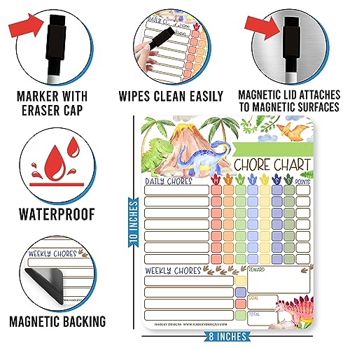 Image of Hadley Designs Magnetic Chore Chart for Kids - Reward Chart for Kids, Dry Erase Responsibility Board for Children at Home, Fridge Behavior Tracker for Daily Weekly Tasks, Dinosaur Toddler Chore Board