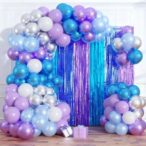 Image of Blue Purple Balloon Garland Arch Kit Birthday Party Decorations, Music Themed Foil Fringe Curtains Backdrop Tinsel Streamer Photo Booth Props for Christmas Winter Wonderland Party Decor Supplies
