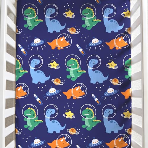 Image of JISEN Baby Crib Sheets Soft Breathable Space Dinosaurs Fitted Crib Sheets for Standard Crib and Toddler Mattress Baby Bed Sheets for Boys Girls Neutral 52x28 Inch