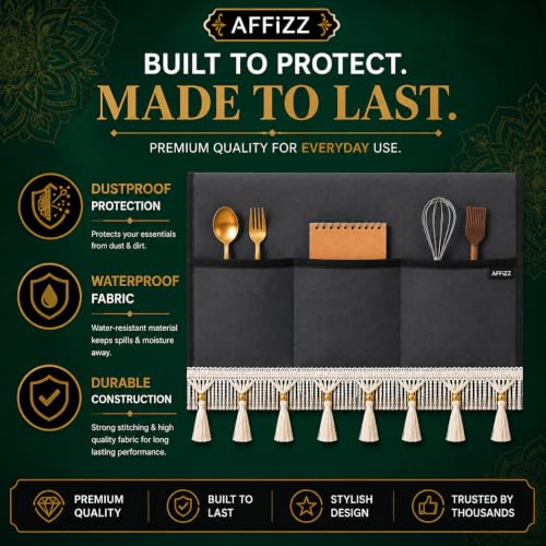 Image of Premium Decorative Fridge Cover Top with Tassel Lace for Double Door Refrigerator - Waterproof, Dustproof & Washable Polyester Fridge Cover with 6 Side Pockets for Kitchen (Dark Grey)