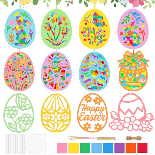 Decoration Paques Enfant,12 Kits Stickers Paques Fenetre,Oeuf Lapin Bricolage Activite Manuelle Enfants 2 ans,Pâques Enfant DIY Craft Autocollants,Cadeau...