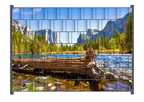 Wallario Zaun Sichtschutz Windschutz für EIN- und Doppelstabmattenzäune in der Größe Breite 2,00m x Höhe 1,40m, Motiv: Baumstamm im Fluss zwischen Bergen und Wäldern