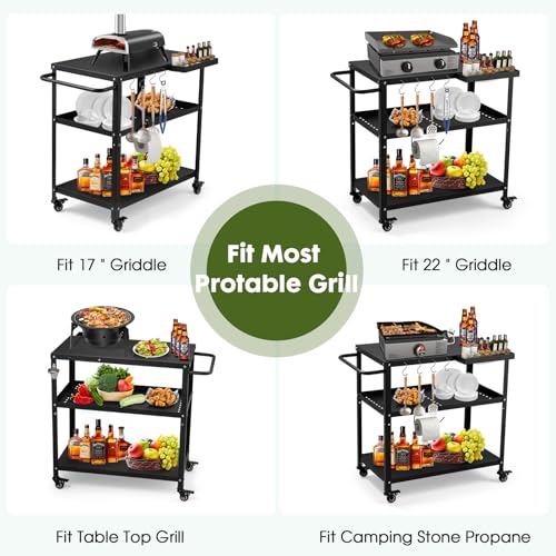 Image of Outdoor Grill Cart Table,Indoor and Outdoor Pizza Oven Table,with 4 Movable Total Lock Casters, Hooks, Side Handle Multifunctional (Black) (Black)