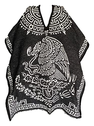 Mexican Poncho authentic, jorongo escudo de México y calendario azteca, reversible, Black, 7