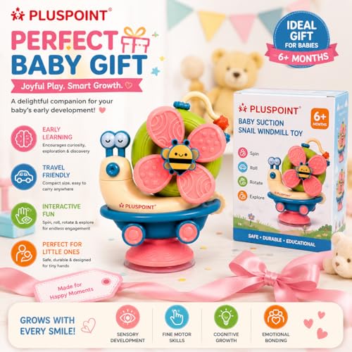 Image of PLUSPOINT 5-in-1 Baby Suction Spinner Toy Montessori Toys for Toddler Interactive Learning Set with Rattle and Sensory Play, Kids Travel Toys 6-12-18 Months Boy Girl Newborn Birthday Gift