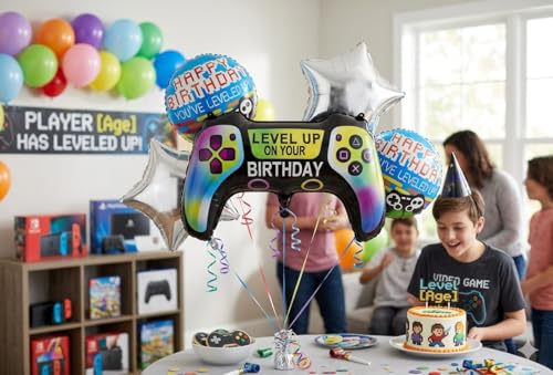 Image of Atpata Funky Gamer Epic Birthday GAME ON! Foil Balloons (Set of 5) Video Game Theme Level Up Birthday Party - Gaming Console Shape Foil Balloon