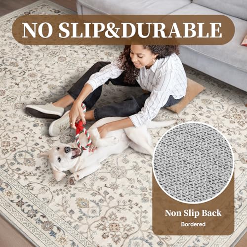 Image of MontVoo-Vintage Area Rug 8X10 Beige for Living Room - Soft Distressed Printed Carpet for Bedroom - Non Slip, Machine Washable for Dining Room, Bedside, Office
