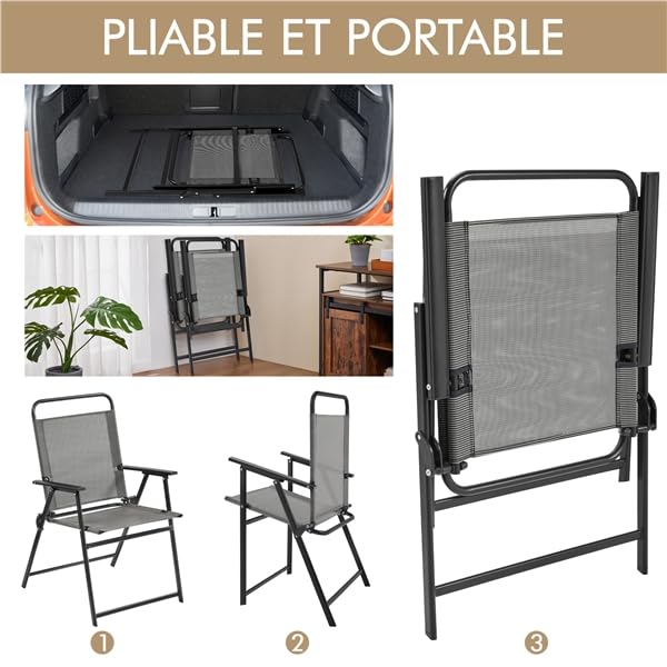 Yaheetech Lot de 4 Chaise de Jardin Extérieur Chaise Pliante Camping Portable Tissu en Polyester Respirant et Robuste Gris