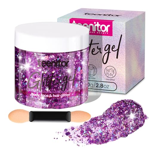 Teenitor Body Glitter Face Glitter Hair Glitter Gel 80g/2.8oz Makeup Rave Purple Glitter Gel for Face and Body
